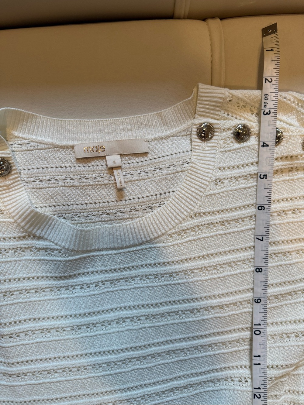 Maje Cream Crewneck Sweater with Decorative Shoulder Buttons